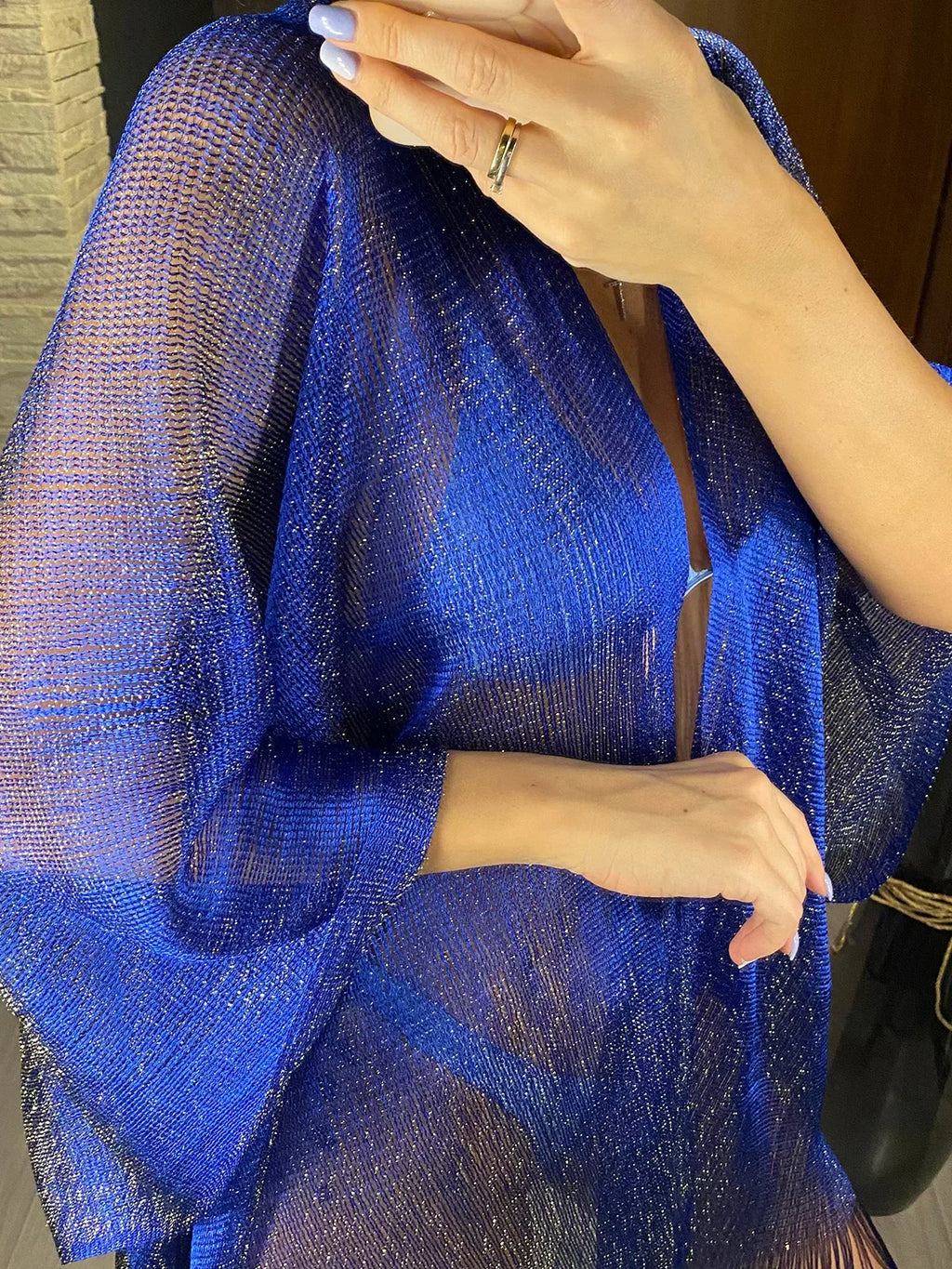 Sexy Fringe Tassel Mesh Sheer Shiny Knitted Tunic Beach Cover Up Cover-ups Beach Dress Beach Wear Beachwear Female Women V3321