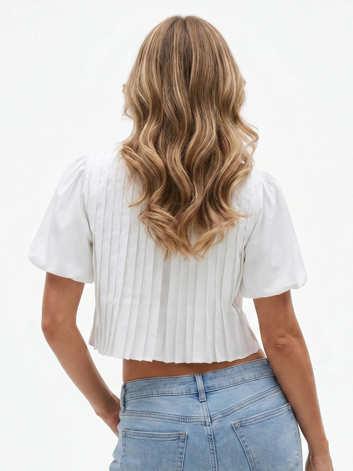 Summer Women's Ruched White Shirts Solid Color Bubble Short Sleeve Button Down Tops Casual Fashion Blouse