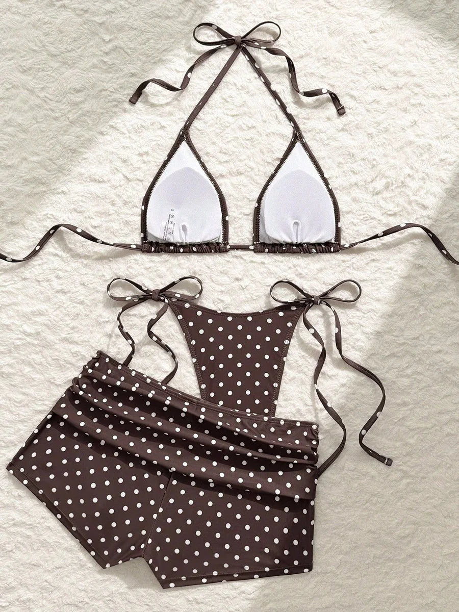 With Shorts Polka Dot Halter Mini Micro Thong Bikini Female Swimsuit Women Swimwear Three-pieces Bikini Set Bathing Suit Swim