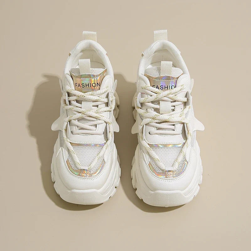 Breathable Chunky White Sneakers for Women Fashion Laser Thick Bottom Vulcanize Shoes Woman 2025 Lace Up Platform Running Shoes