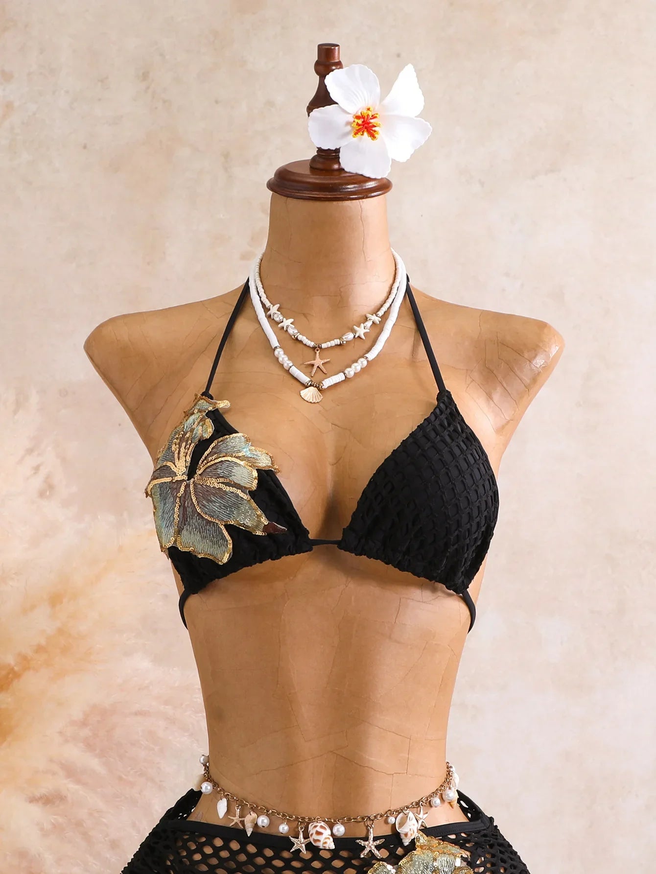 Sexy Black 3D Flower Holiday Bikini Set 2026 Women Drawstring Side Knitted Cover Up 3 Piece Swimsuit Beach Bathing Suit Swimwear