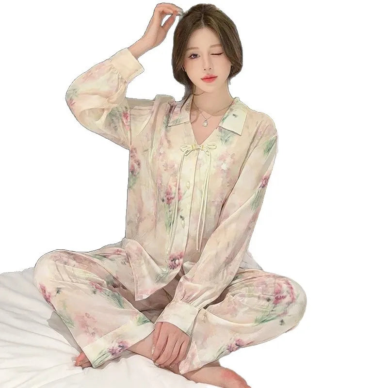 Spring and summer new Chinese style pajamas, ice silk long sleeves, large size home clothes set, retro buckle home clothes