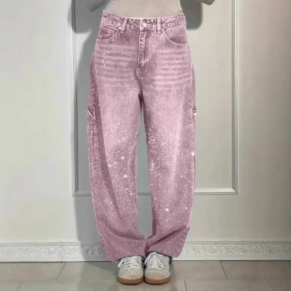 Women's Straight Leg Denim Pants High Waisted Baggy Wide Leg Bling Jeans Casual Sparkly Harem Jeans for Streetwear