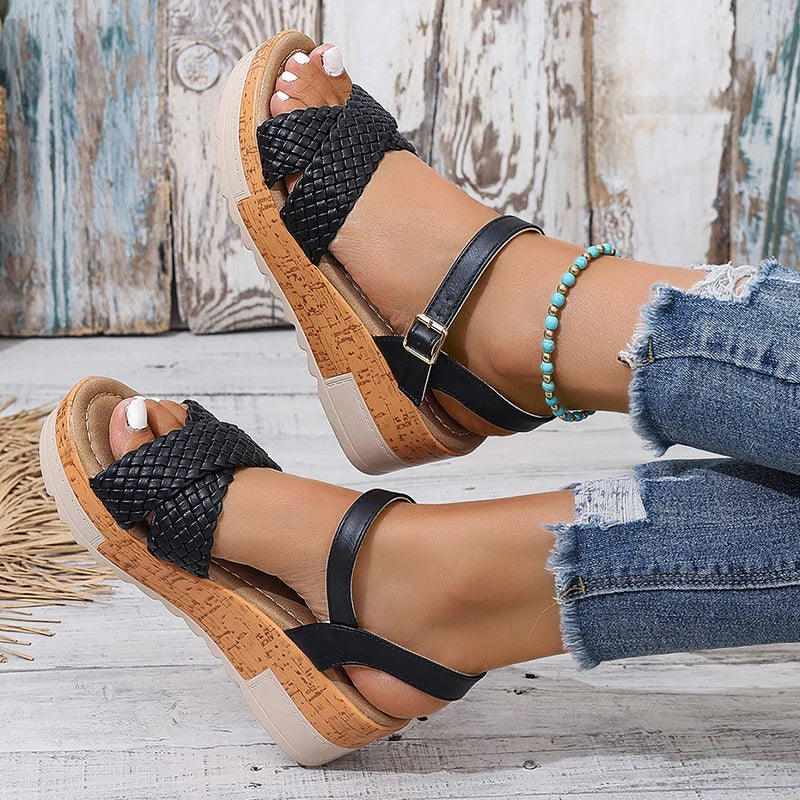 Women's Braided Platform Sandals 2025 Summer Chunky Wedges Gladiator Sandals Woman Ankle Straps Vacation Casual Beach Sandles