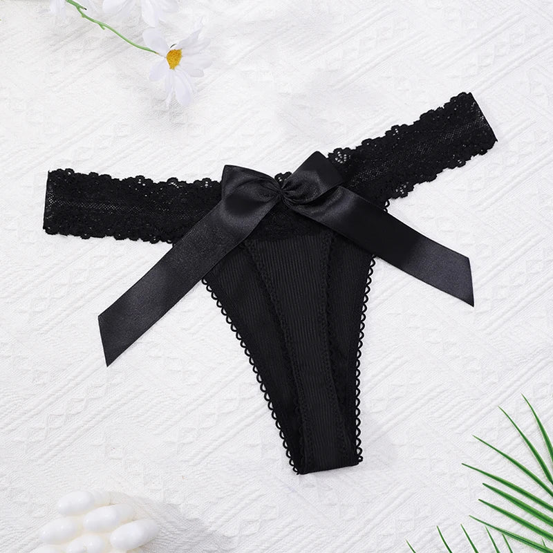 1pcs Sexy Lace Women G-string Bow Decor Elegant Lady Thongs Breathable Comfortable Sexy Lingerie Fashion Black Women Panties