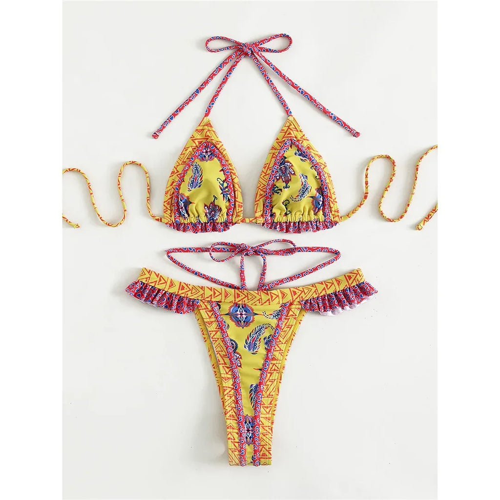 5 Colors Sexy Printed Halter Frilled Bikini Women Swimwear Female Swimsuit Two-Pieces Bikini Set Bather Bathing Suit Swim V4651