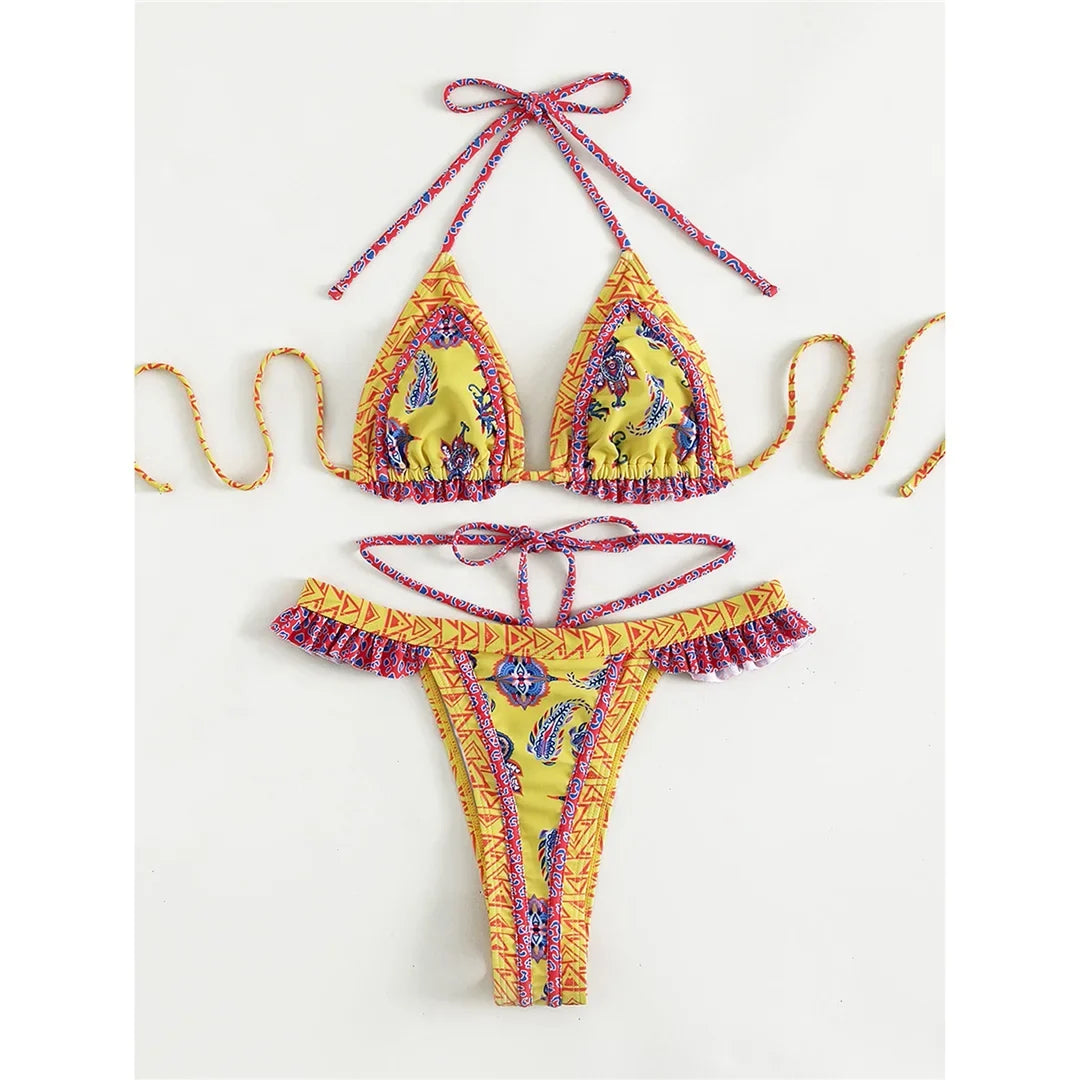 5 Colors Sexy Printed Halter Frilled Bikini Women Swimwear Female Swimsuit Two-Pieces Bikini Set Bather Bathing Suit Swim V4651