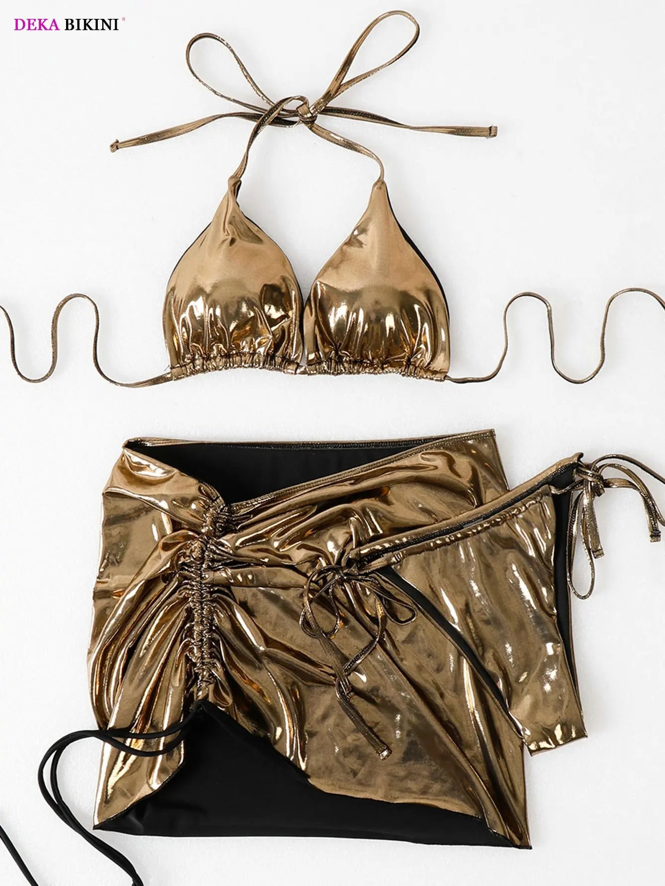 DEKA Gold Shiny Bikini Set Brazilian Summer Hot Suit Leather Swimsuit With Mini Ruched Skirt Swimwear 3 Pcs Beachwear Outfits