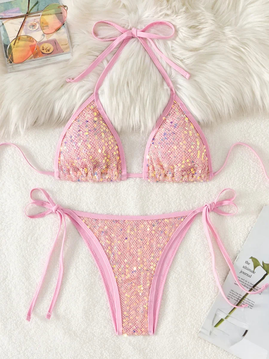 Sparkling Sequins Halter High Leg Cut Bikini Women Swimwear Female Swimsuit Two-pieces Bikini Set Bather Bathing Suit Swim Lady