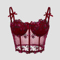 Sexy Lace Floral Embroidery Bow Corset For Women Camisole Sheer Mesh Fishbone Slim Crop Top Wired Bra Camis Festival Lingerie
