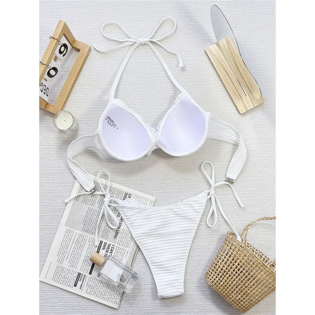 New Halter Frilled Underwired Bra Cup Bikini Women Swimwear Two-Pieces Bikini Set Female Swimsuit Bather Bathing Suit Swim V5837