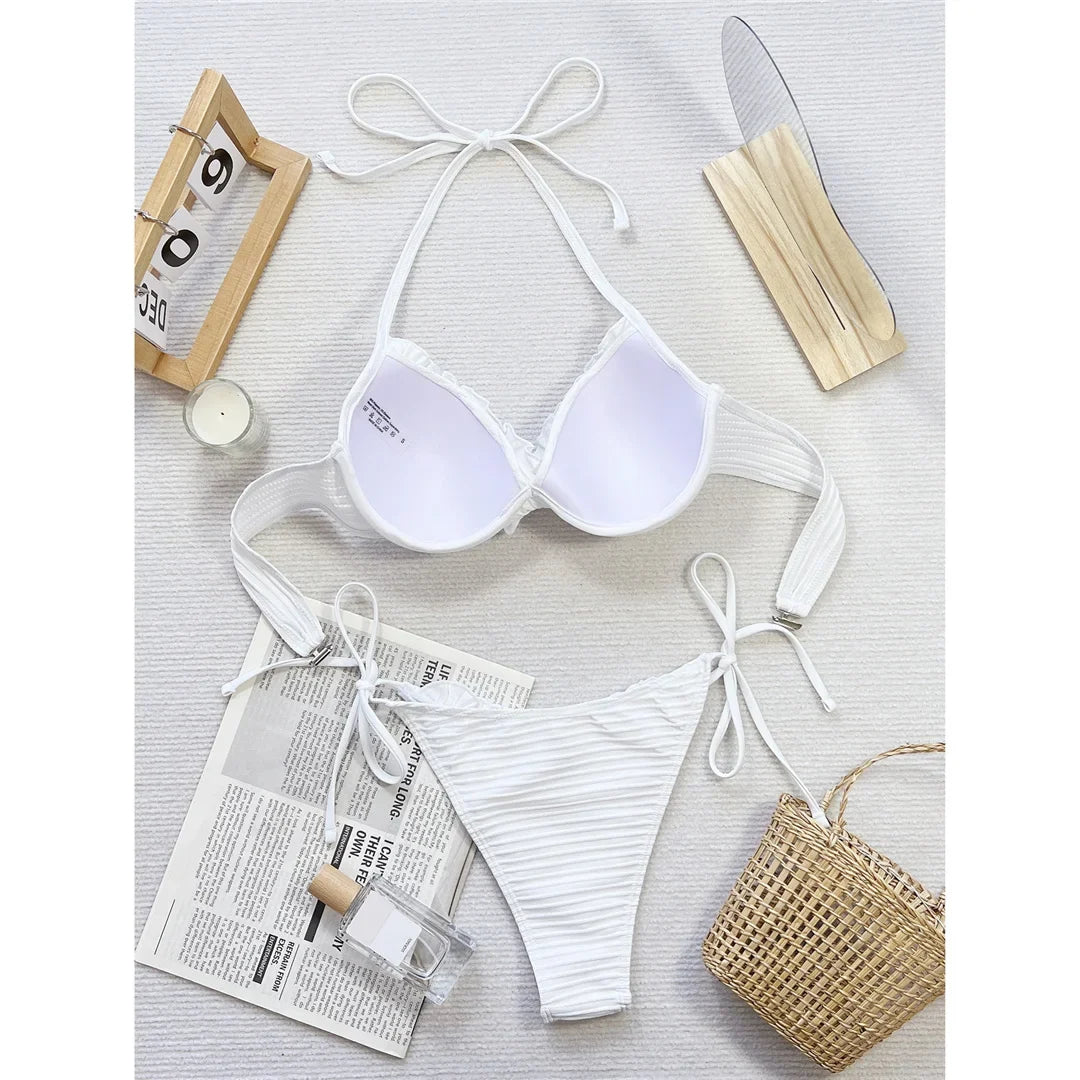 New Halter Frilled Underwired Bra Cup Bikini Women Swimwear Two-Pieces Bikini Set Female Swimsuit Bather Bathing Suit Swim V5837