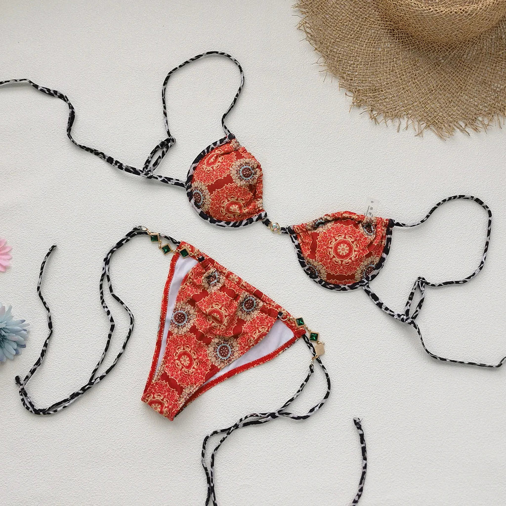Sexy Patterned Bikini Top and Bottoms with Green Gemstones Perfect for Beach Wear and Pool Parties Summer Getaways Vacation Wear