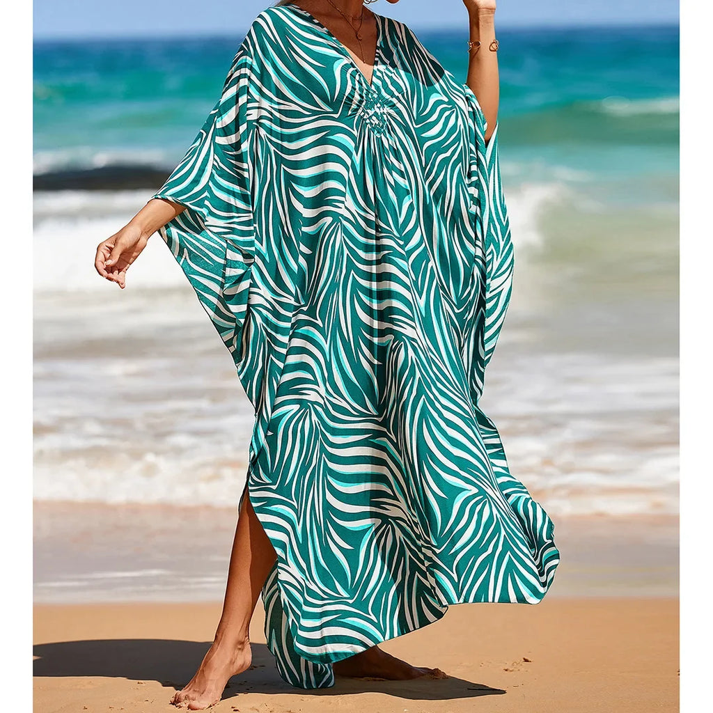 Sexy Zebra Printed V Neck Tunic Beach Cover Up Cover-ups Beach Dress Beach Wear Beachwear Beach Long Dress Female Women V4159
