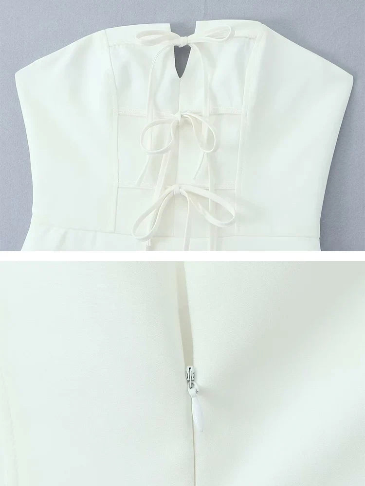 Bowknot Off Shoulder Strapless Party Short Dress for Women 2025 Elegent Lady White Pleated Mini Vestidos Female Backless Dress