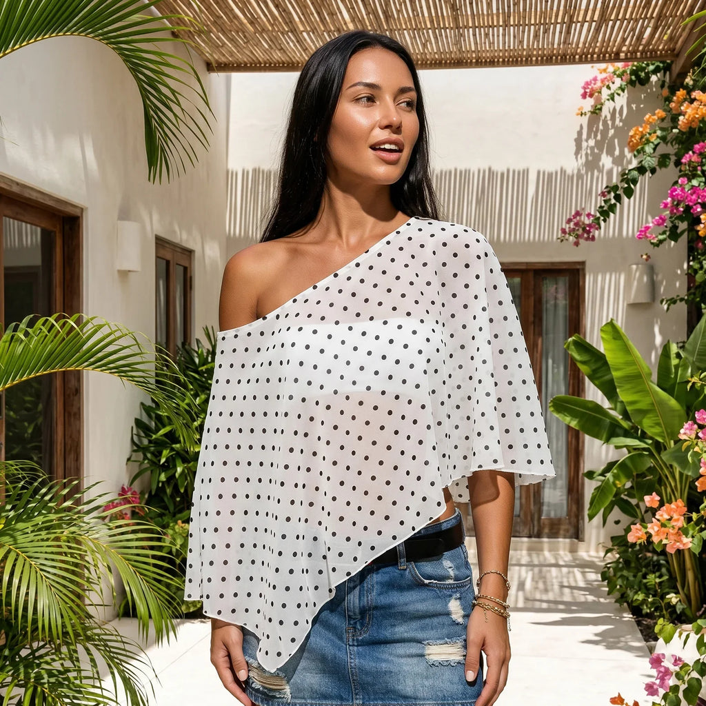 Women's Summer Off Shoulder Chiffon Poncho Tops Dot Print Sheer Asymmetrical Cover-up for Party
