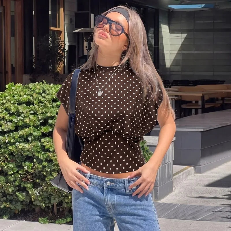 FDYOUI Women's O-neck Polka Dot T-shirt 2026 Summer O-neck Drop-sleeve Tunics Tops Fashion Loose Corset Tee Shirts Female Top