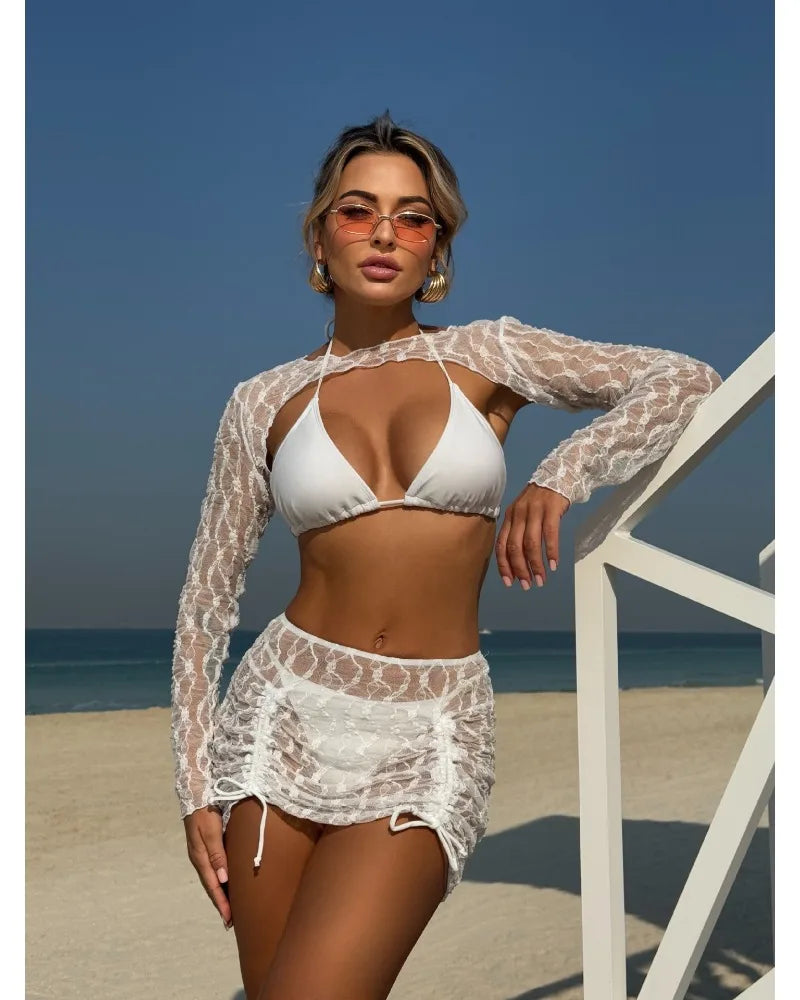 Toucheart Sexy Lingerie Suit for Women Mesh Four-piece Beach Swimsuit Sexy Bikini Solid Color Long Sleeves Mesh See-through Set