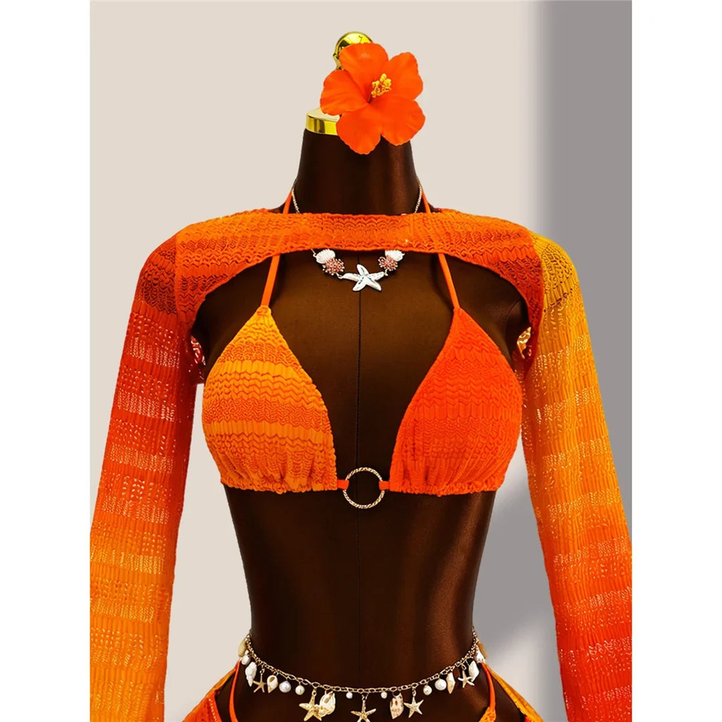 4PCS With Cover Up Skirt Gradient Bikini Women Swimwear Female Swimsuit Four-pieces Bikini set Bather Bathing Suit Swim V8303