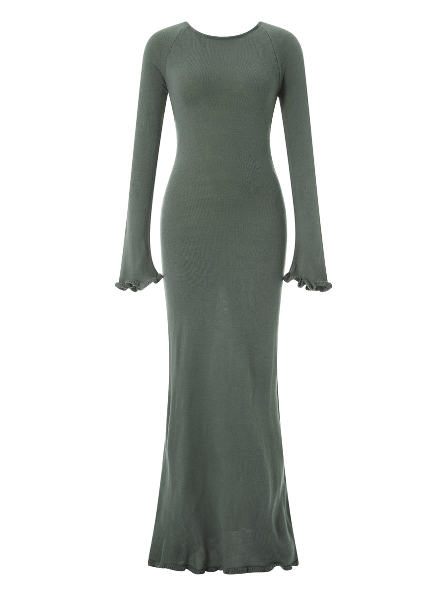 Women's Autumn Winter Knitted Bodycon Dress Long Sleeve Tie Backless Round Neck Solid Color Ruffle Trim Long Dress Beachwear