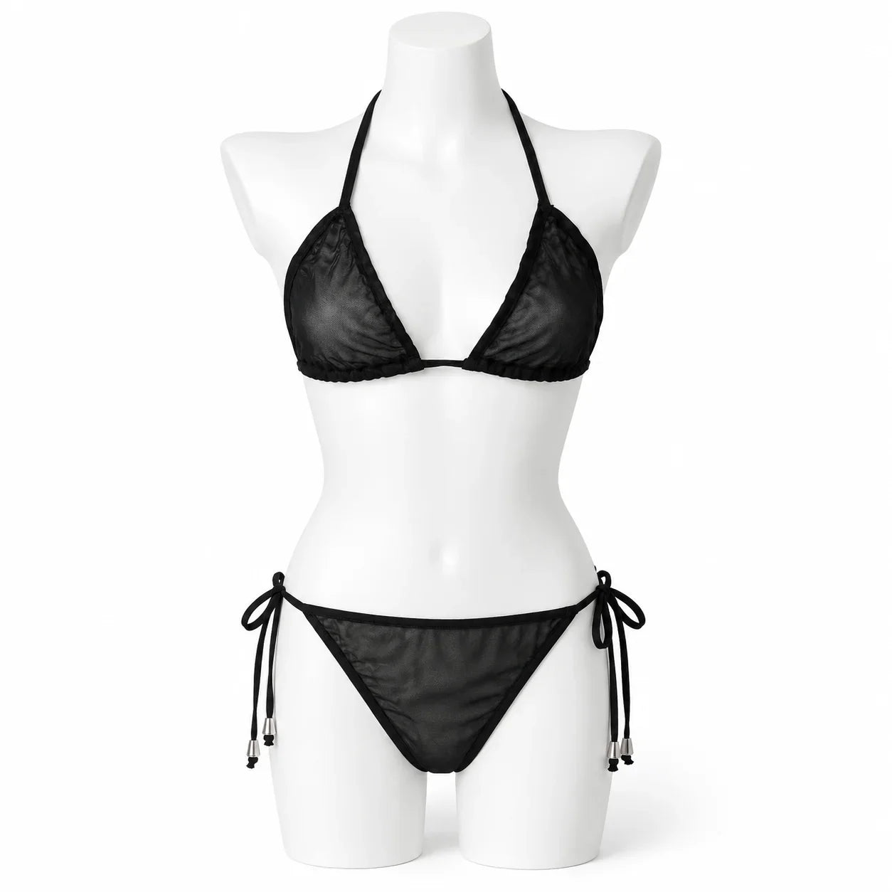 Women Bikini Set 2pcs Black Halter Triangle Swimsuit, Tie Side V Shape Bottom, Solid Color Beach Vacation Swimwear