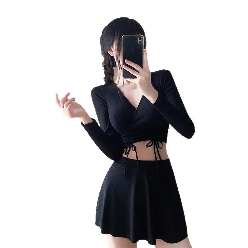 Split Swimsuit Women's Two-piece Solid Color Skirt Style Fairy Style Long Sleeved Sunscreen Sports Flat Pants Swimsuit