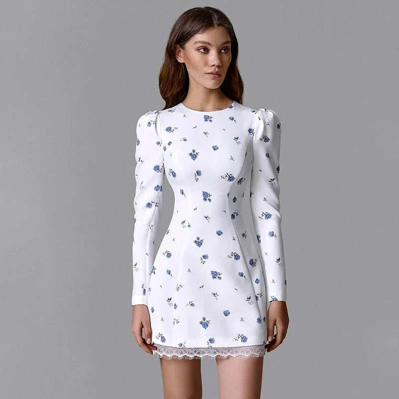 Ahagaga Elegant Women's Mini Dresses Print Heart-shaped Cutout Slim Fit A-Line Regualr Long Sleeves Trend O-Neck Lace Patchwork
