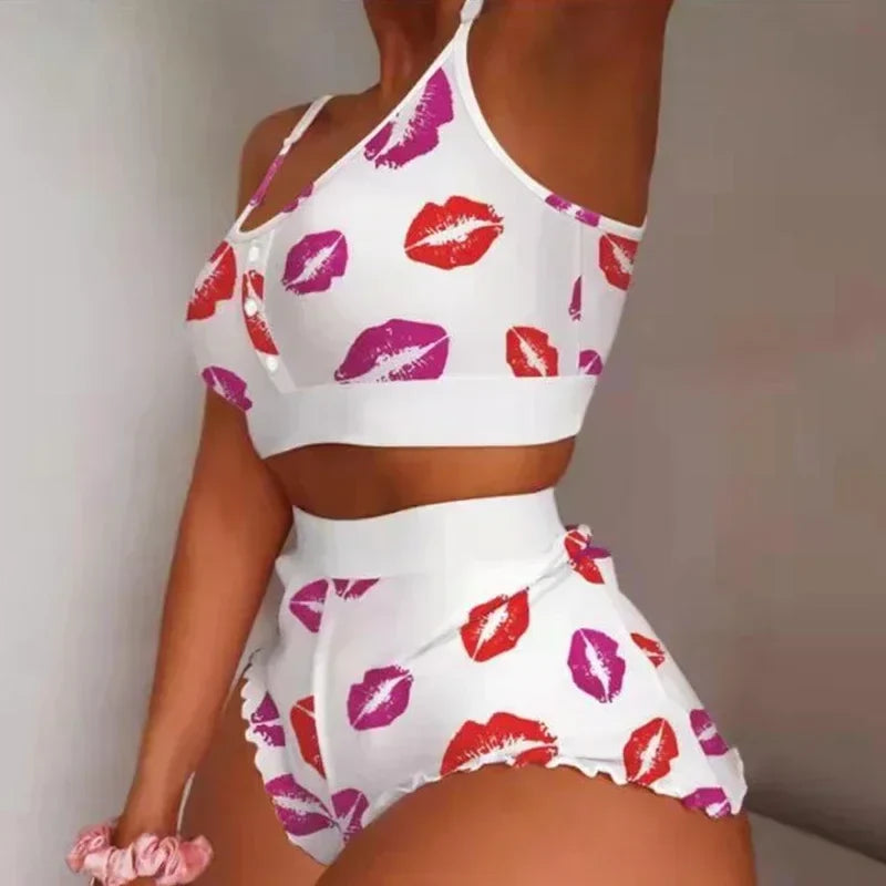 Summer 2-Piece Pajama Set Women Sleepwear Sexy Lingerie Love Printed Lace Sling Crop Tops and Shorts Loungewear Pijamas