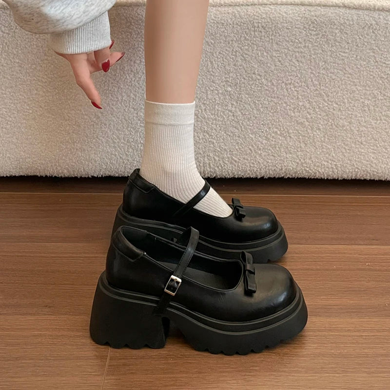 Japanese Style Bow Chunky Platform Pumps Women Ankle Buckle Thick Heels Mary Jane Shoes Woman Preppy High Heel Pu Leather Shoes