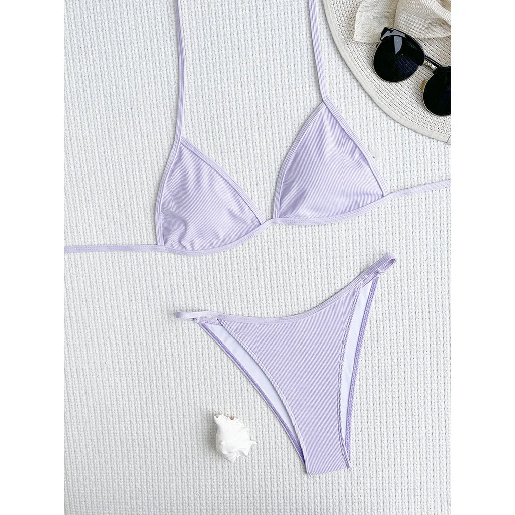 XS - L Ribbed Halter Bikini Women Swimwear Female Swimsuit Four-pieces Bikini set With Sarong Bather Bathing Suit Swim V3152B