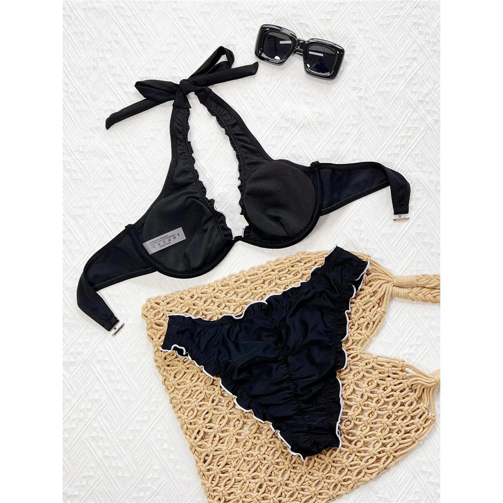 2026 Ruffled Halter Underwired Bikini Female Swimsuit Two-pieces Bikini set Women Swimwear Brazilian Bathing Suit Bather V7606