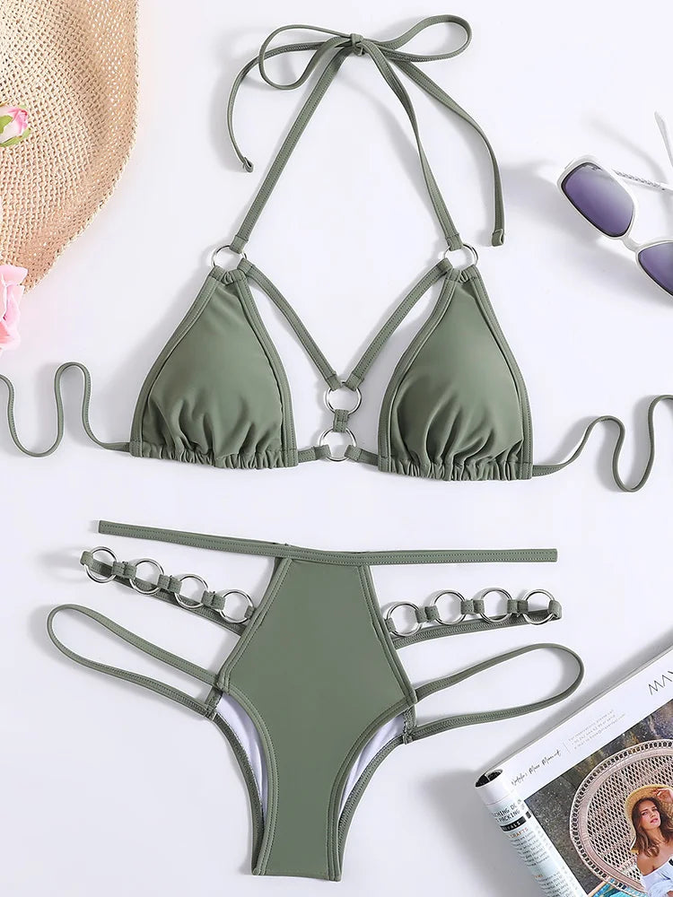 2025 Sexy Halter Strappy Metal Rings Bikini Women Swimwear Female Swimsuit Two-pieces Bikini set High Cut Bathing Suit Swim Lady