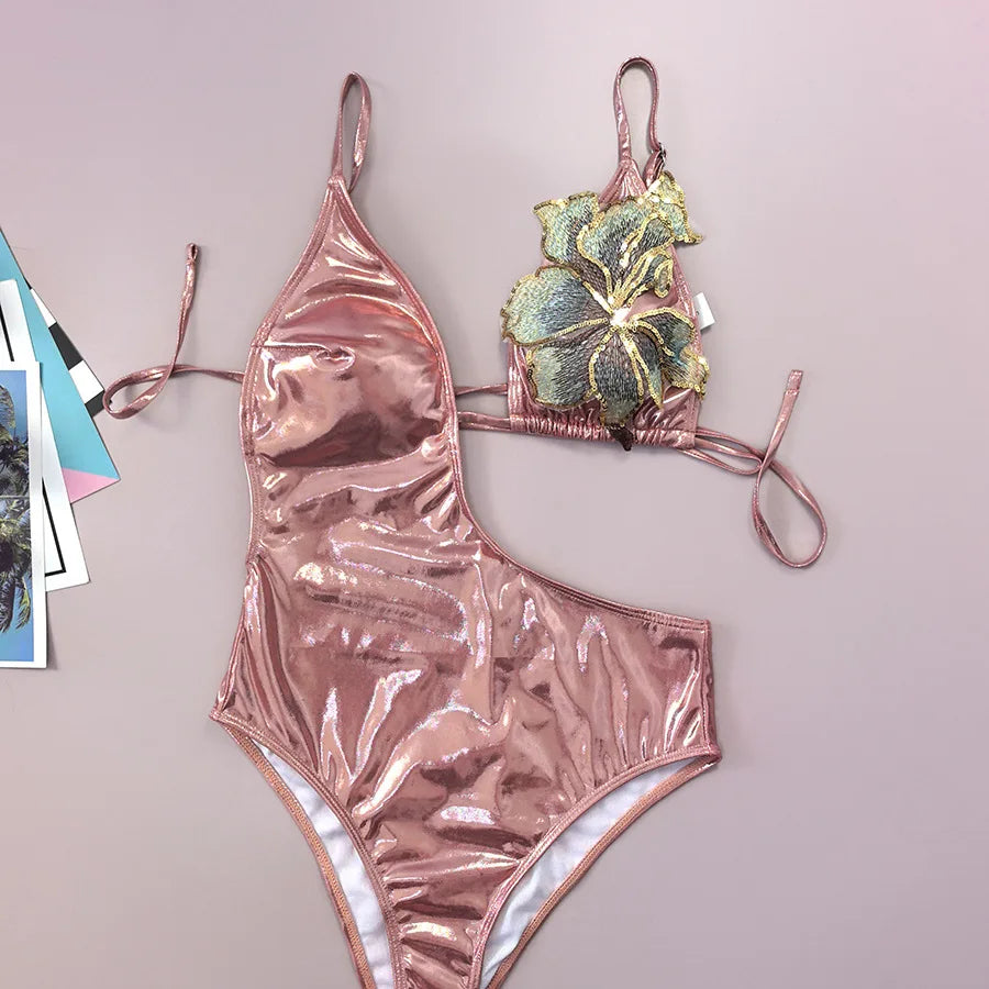 Sexy Patch flower Metallic Pink Irregular Swimsuits Bikinis Sets Two Pieces with Mini Split Skirt Swimsuit Bathing Suit Biquini