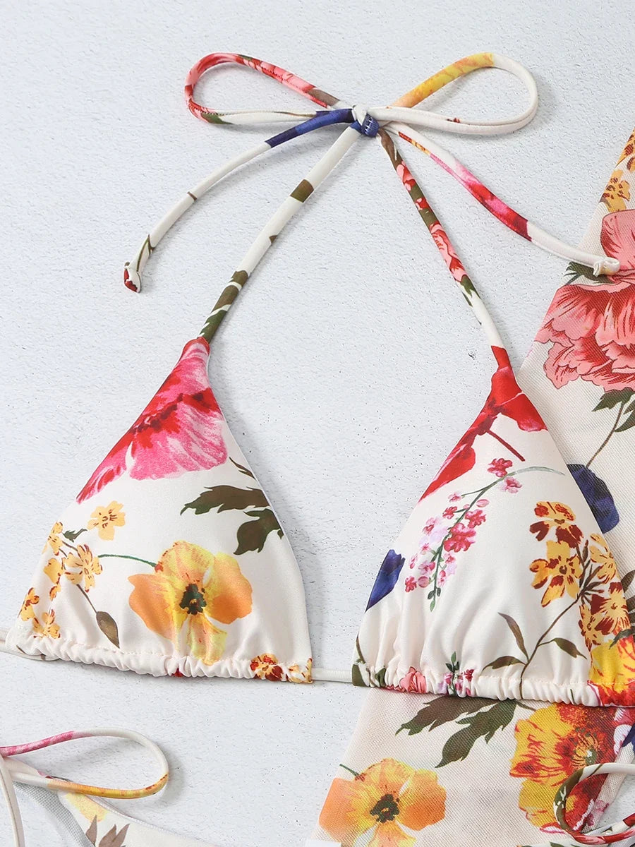 3 Pieces Printed Halter String Bikini 2026 Women & Kimono Swimwear Female Swimsuit Beachwear Bathers Bathing Swimming Swim Suit