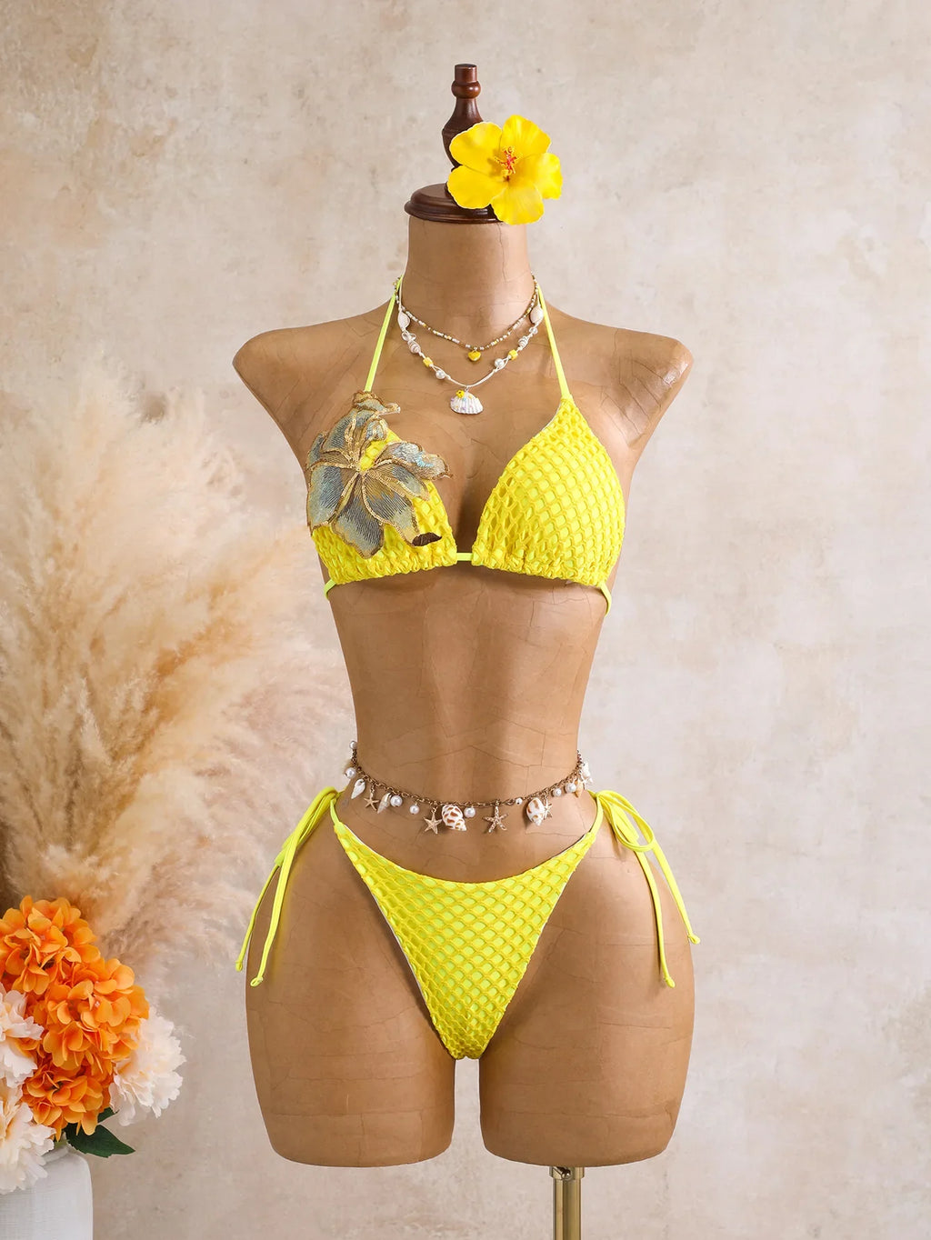 Sexy Black 3D Flower Holiday Bikini Set 2026 Women Drawstring Side Knitted Cover Up 3 Piece Swimsuit Beach Bathing Suit Swimwear