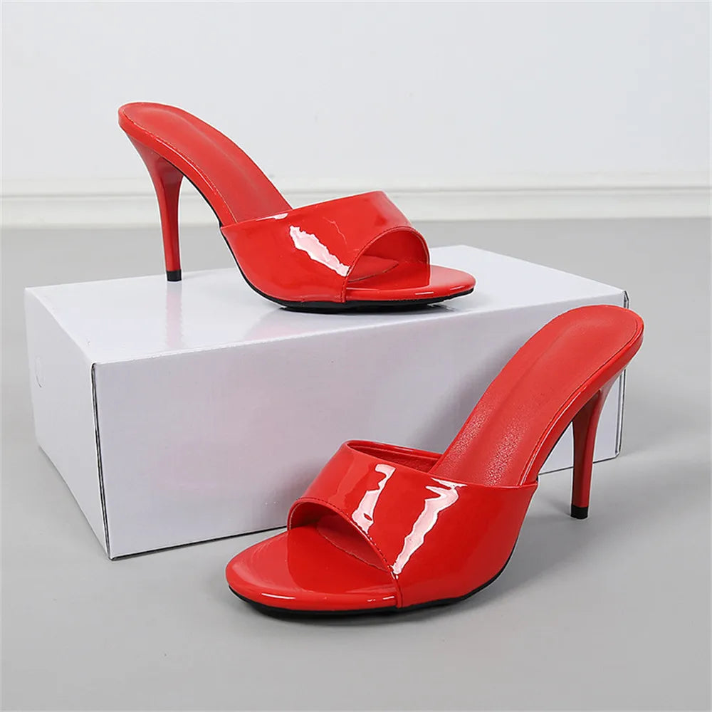 2025 Brand Design Red High Heels Outdoor Slipper Slides Sandals Women Elegant Black Open Toe Summer Nude Mules Shoes Big Size 43