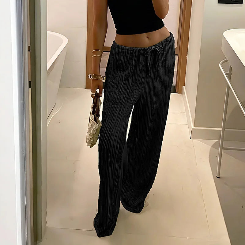 Women's trousers, fashionable and versatile, solid color, drawstring straight trousers, beach sun protection trousers