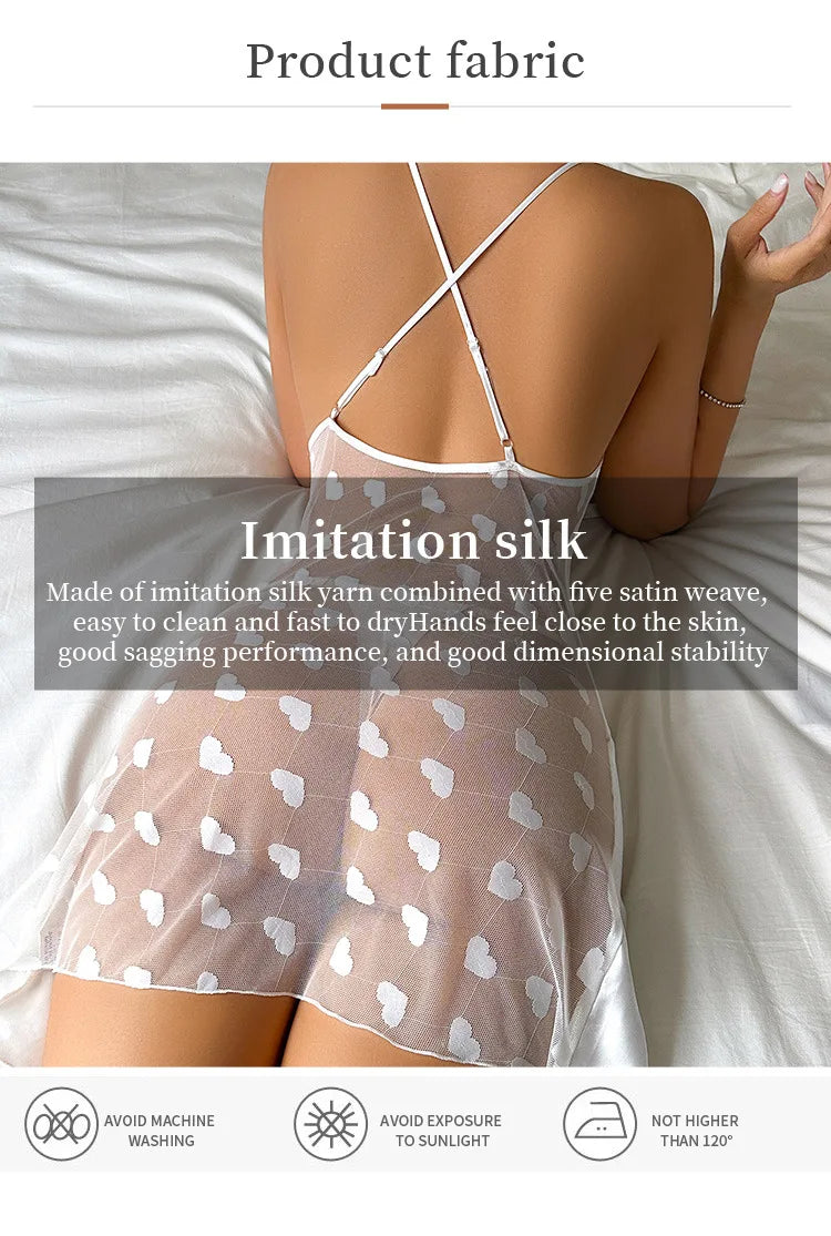 Full Transparency Back Heart Print Hot Women Nightdress V Neck Spaghetti Strap Sleepwear Romantic Home Wear Ice Silk Night Dress