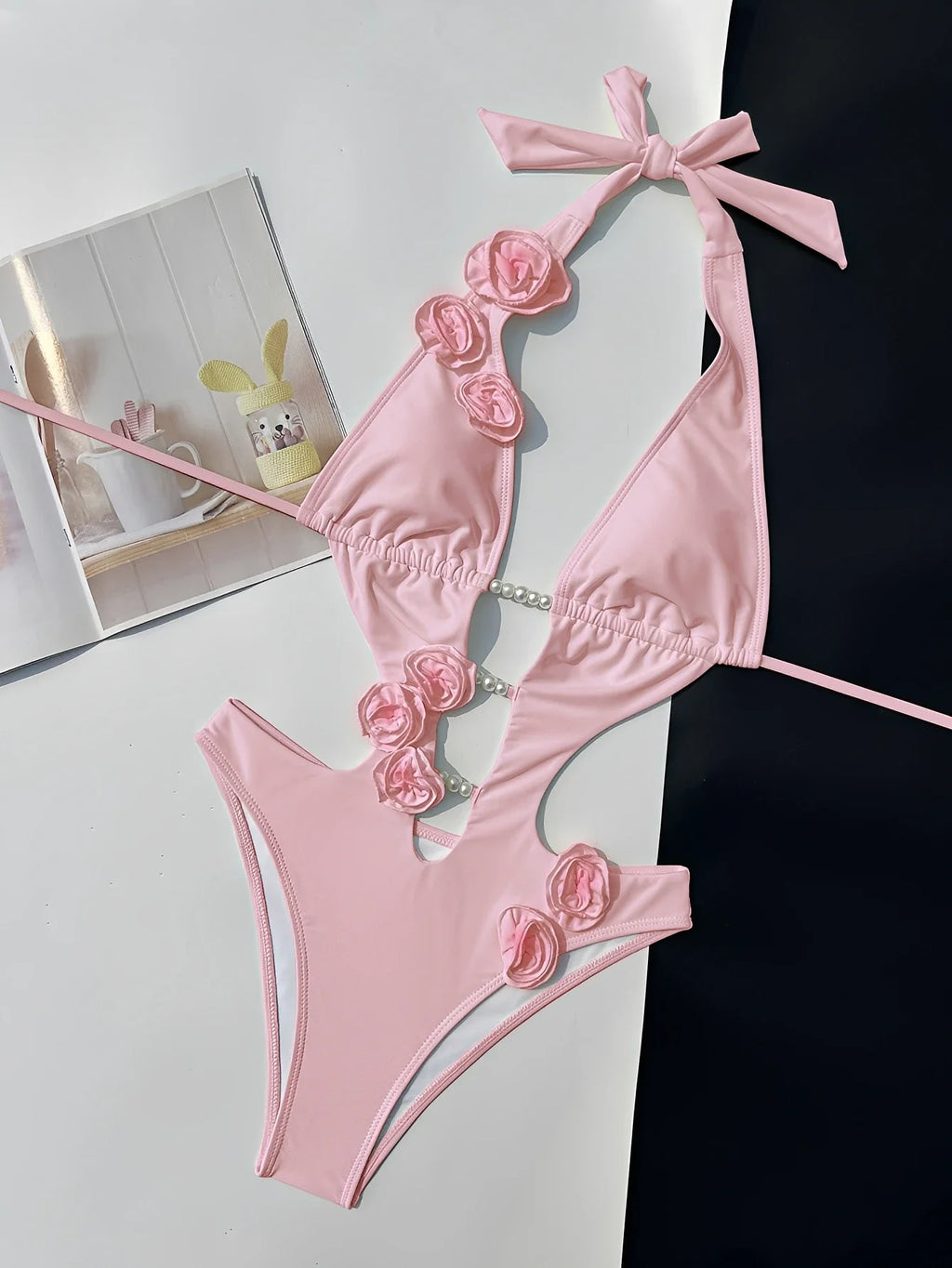 2026 V-neck Halter Monokini 3D Floral Swimsuit Women One Piece Hollow Swimwear Female Sexy Bathers Bathing Swimming Swim Suit