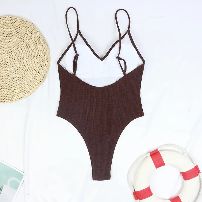 2026 Sexy One Piece Swimsuit Swimwear Women Pit Striped V-neck Backless Retro Solid Beachwear Bathing Suit Maillot De Bain Femme