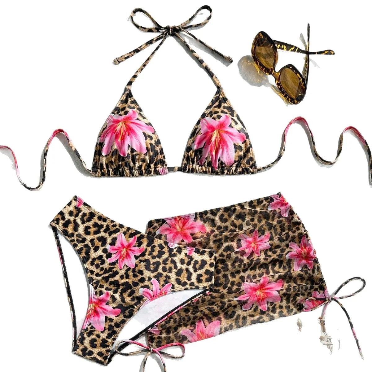 Sexy 3 Pieces Suit Swimwear Women Leopard Print Micro Bikini Set+Gauze Skirt Cover Up Beachwear Backless Lace-up Bathing Suits