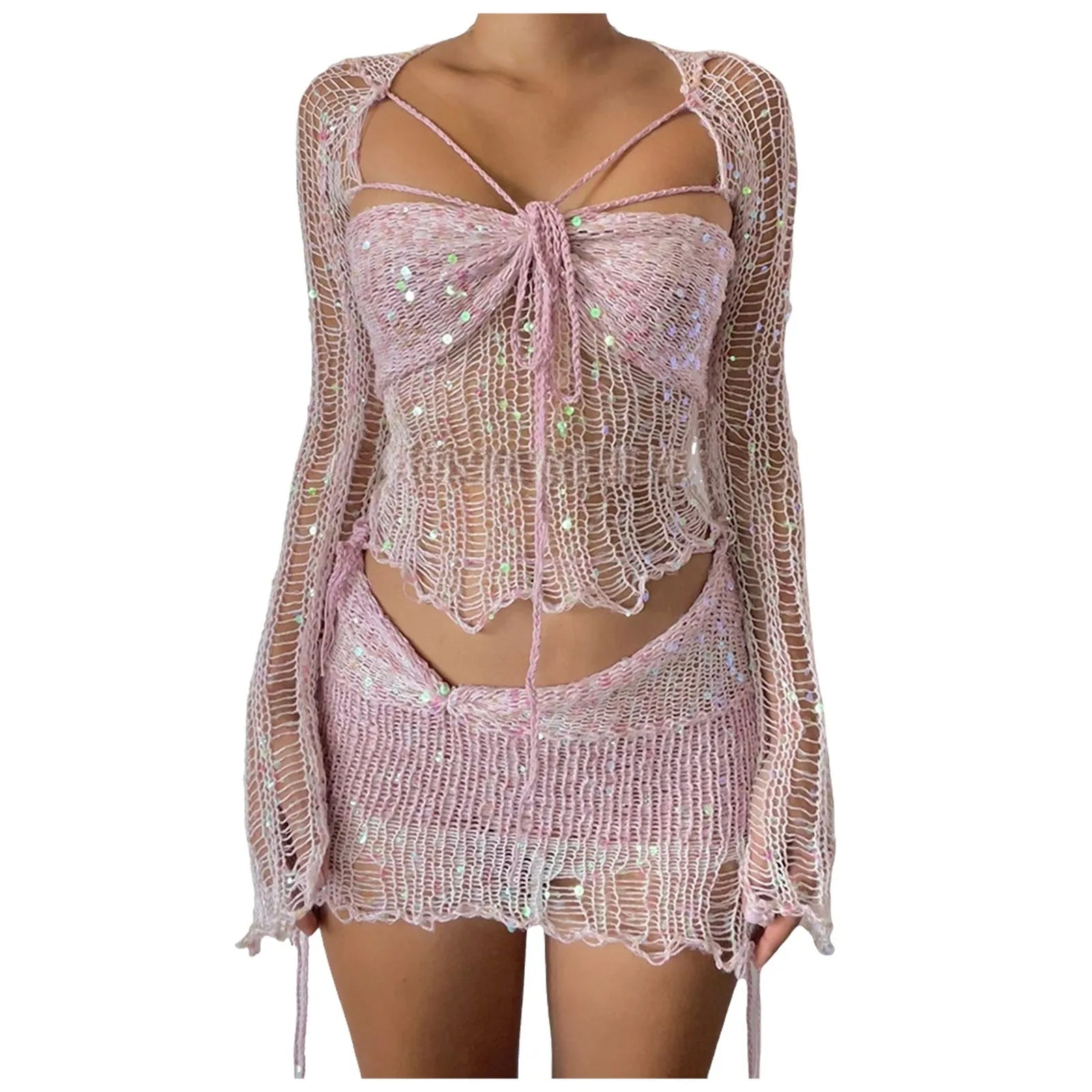 Glitter Sequins Knitted Skirt Sets Women Fashion Hollow Sequins Bandage Tube Top Mini Skirts 3 Piece Outfit Vacation Clothing
