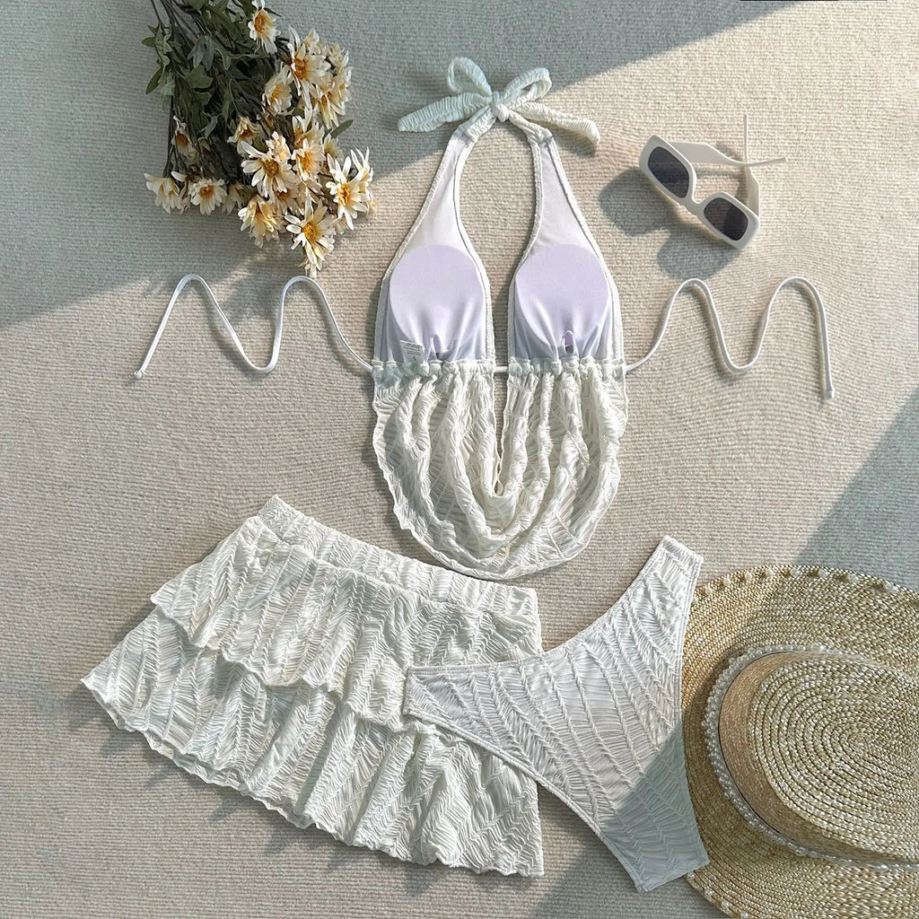 3PC with Skirt Wrinkled Halter Tankini Bikini Women Swimwear Female Swimsuit Three-pieces Bikini Set Bathing Suit Swim Beachwear