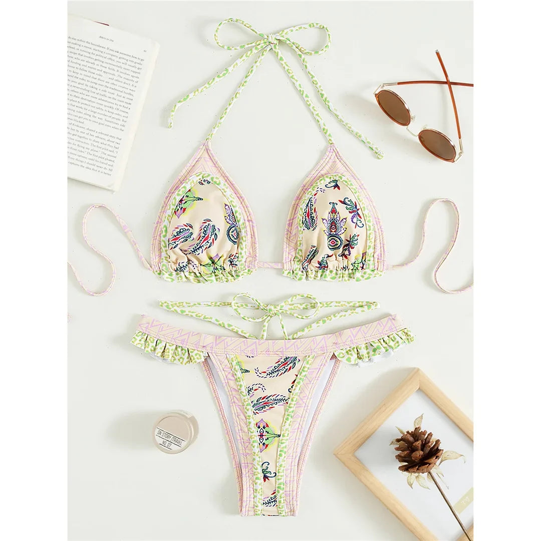5 Colors Sexy Printed Halter Frilled Bikini Women Swimwear Female Swimsuit Two-Pieces Bikini Set Bather Bathing Suit Swim V4651
