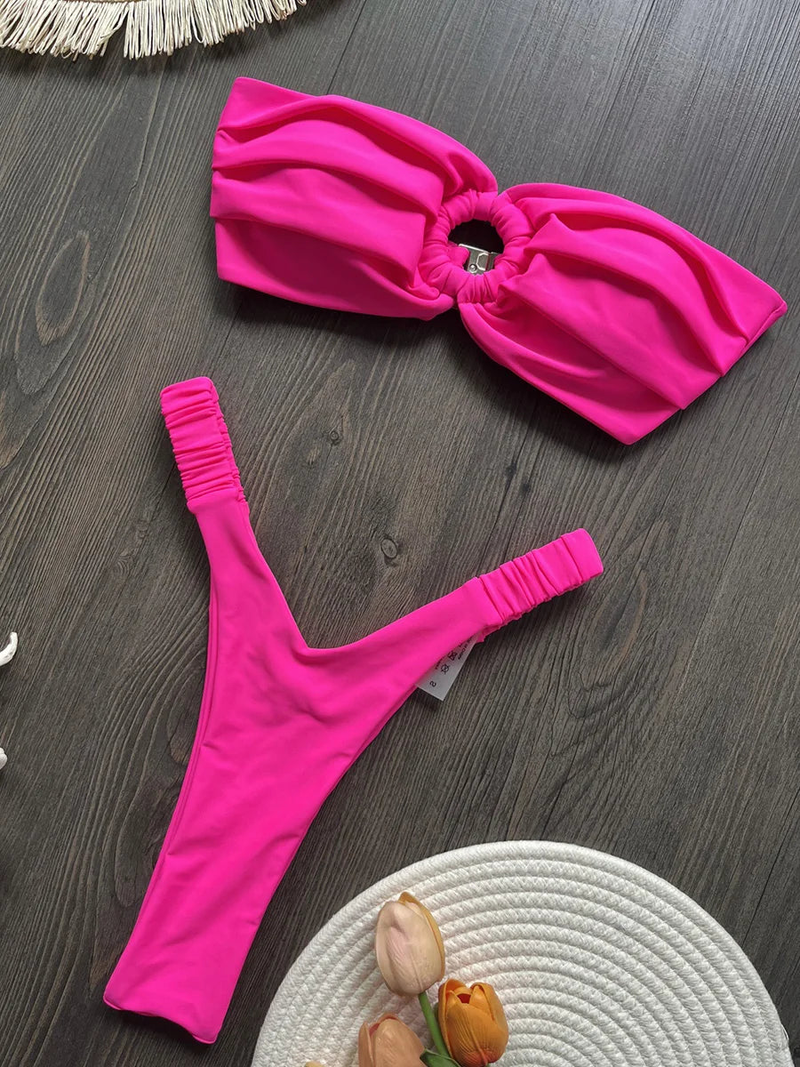 Wrinkled Bandeau High Cut Mini Thong Bikini Female Swimsuit Women Swimwear Two-pieces Bikini Set Bather Bathing Suit Swim Lady