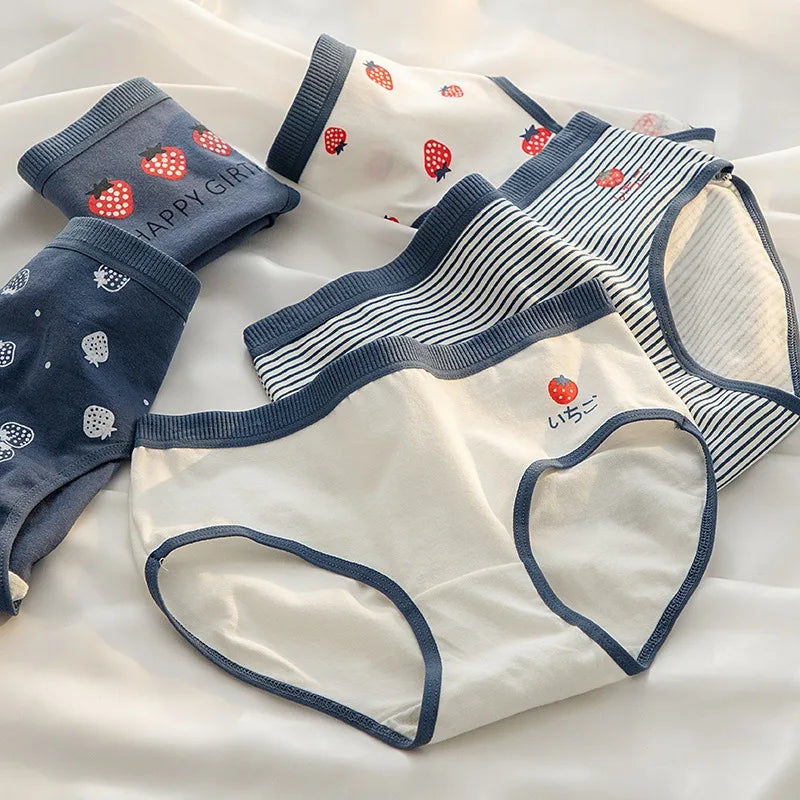 1-Pack Cute Strawberry Print Cotton Panties Sweet Striped Accents Women Low-Rise Underwear Breathable Soft Lingerie M-XL
