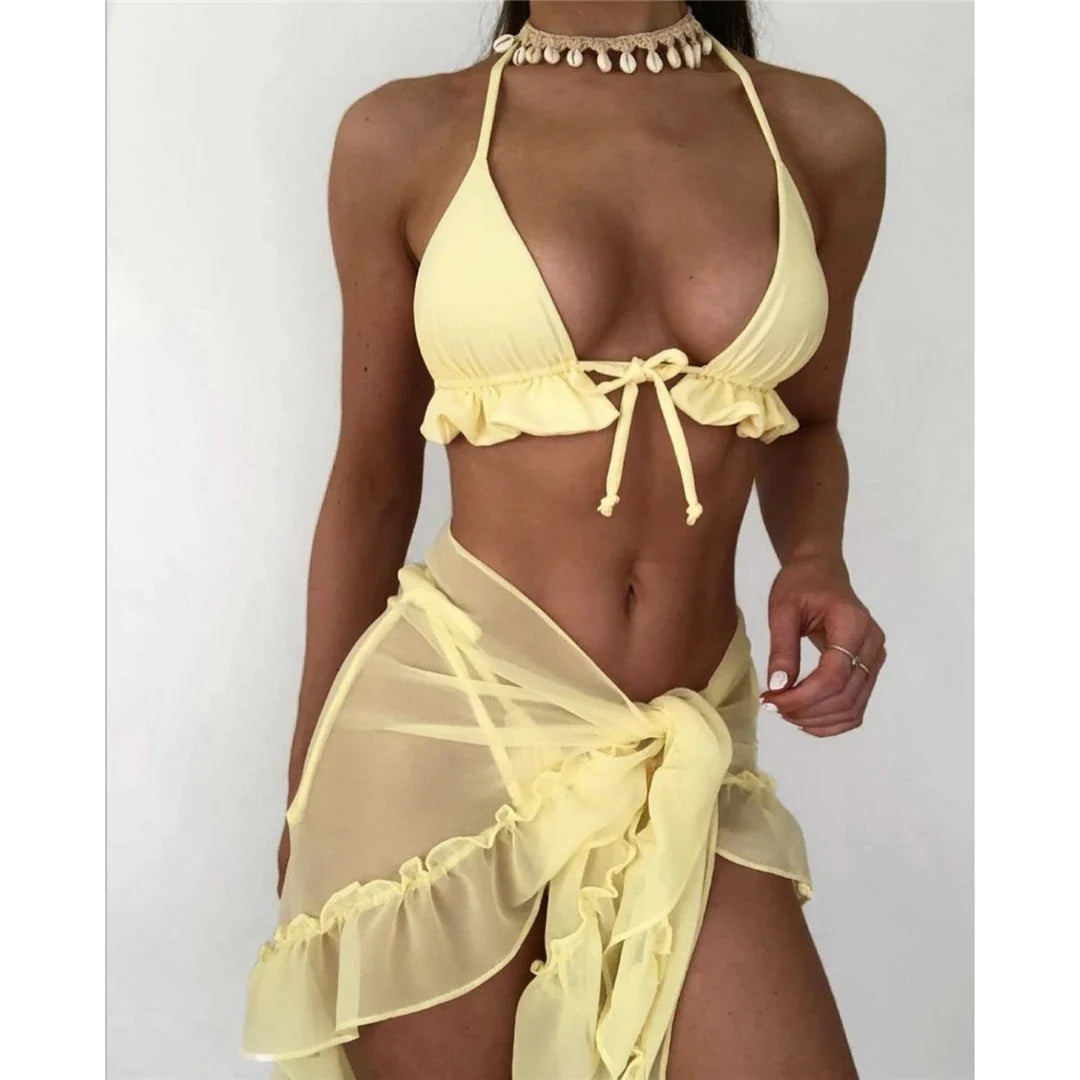 New With Sarong Halter Ruffled Bikini Women Swimwear Female Swimsuit Three-pieces Bikini Set Bather Bathing Suit Swim Lady V4144