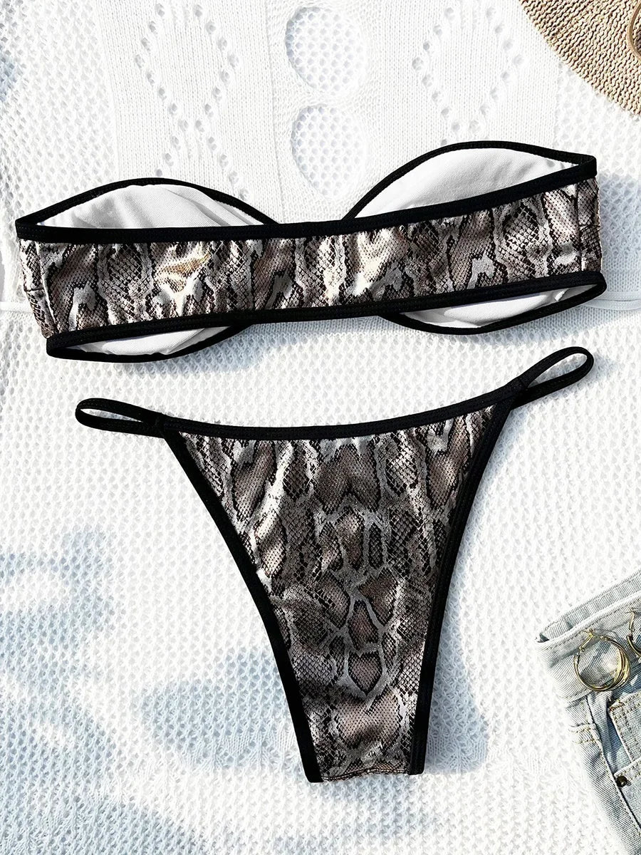 Snake Skin Bandeau Bikinis High Cut Bikini Female Swimsuit Women Swimwear Two-pieces Bikini Set Bathing Suit Swim Beach Wear