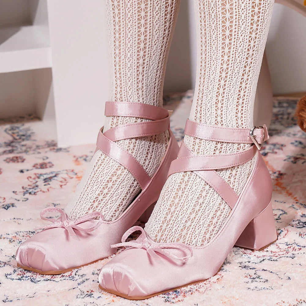 2025 Summer Cute Satin Pink Lolita Block Heels Mary Janes Shoes Women Sweet Buckle Cross-Strap Ballet Pumps Wedding High Heeled