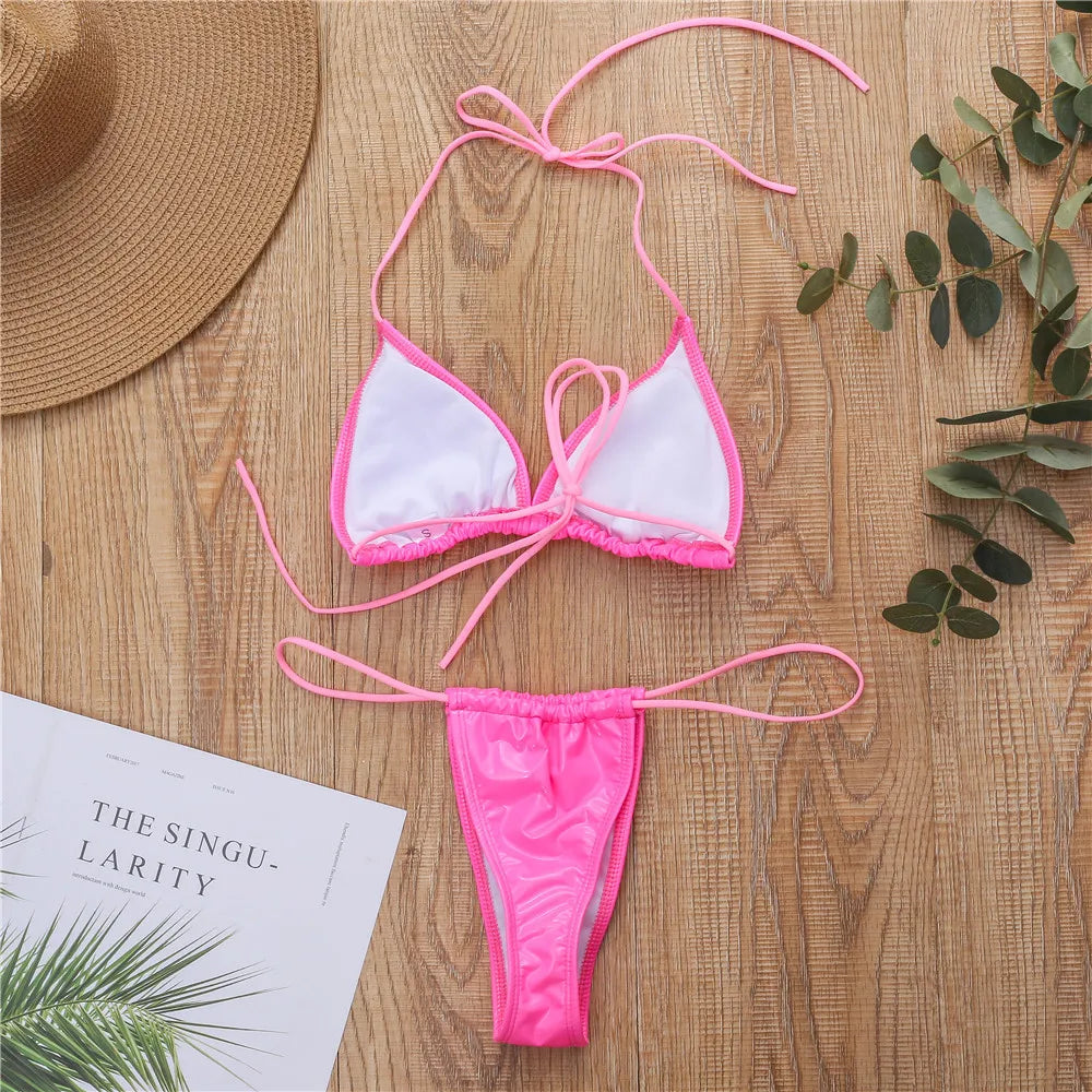 DEKA Shiny PU Mini Micro Bikini 2025 Women Swimsuit Female Brazilian Swimwear Two Pieces Bikini Set High Cut Bathing Suit Swim